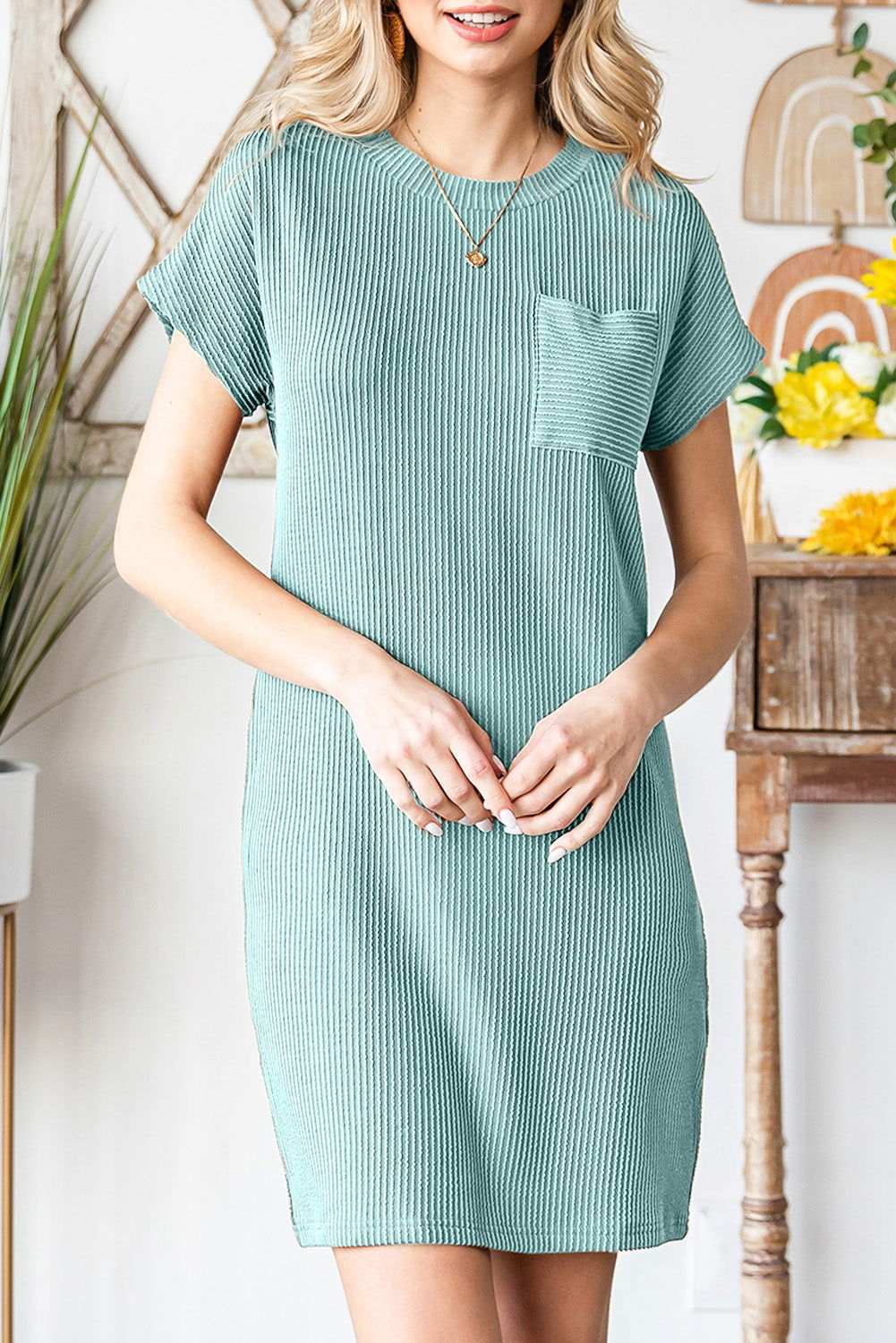 Blue Ribbed Chest Pocket Casual T Shirt Dress - Vesteeto