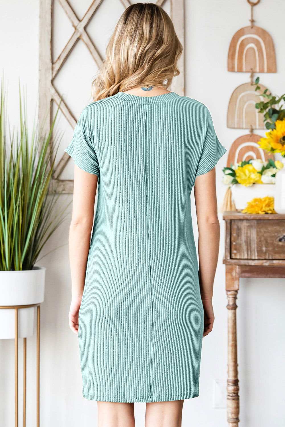 Blue Ribbed Chest Pocket Casual T Shirt Dress - Vesteeto