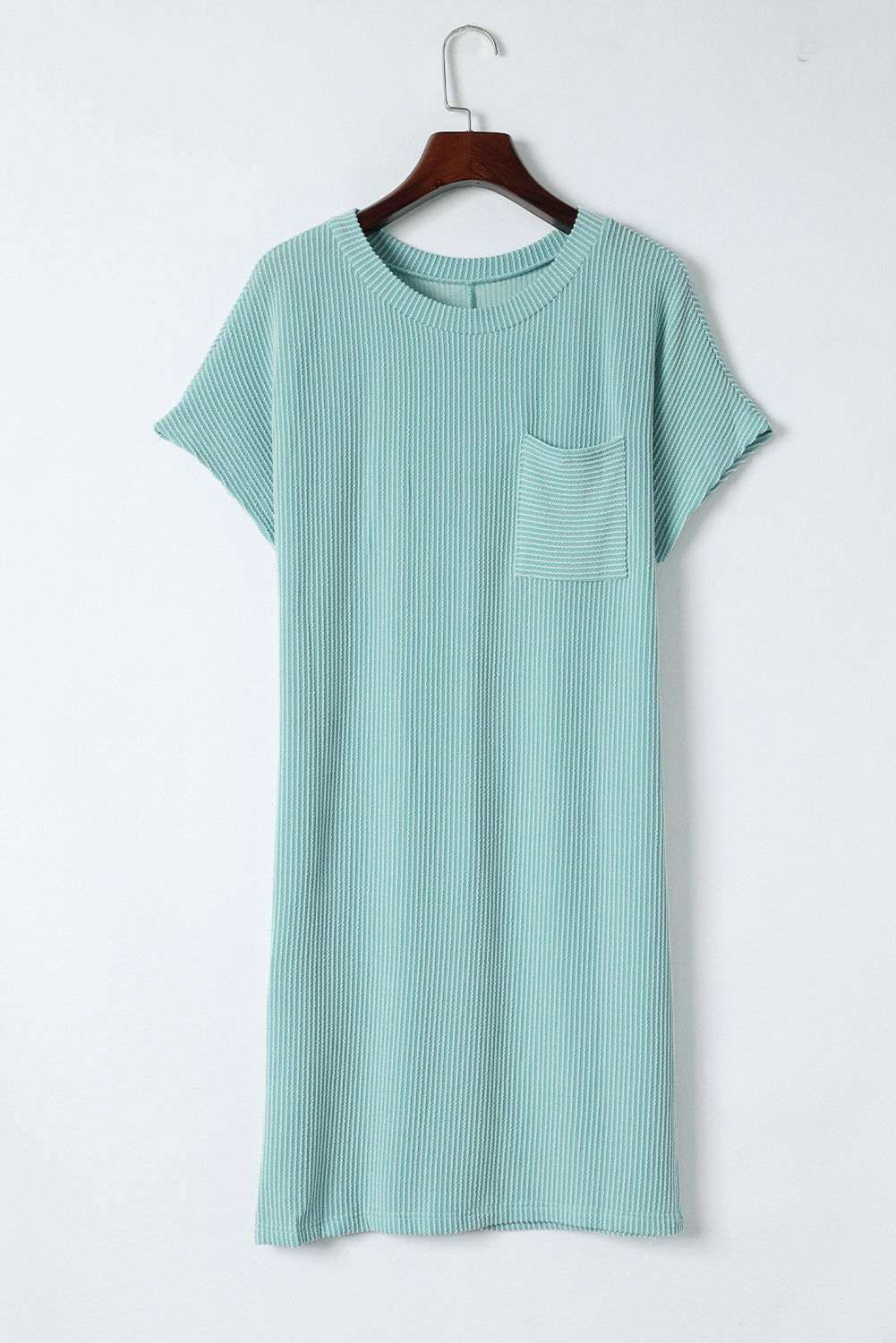 Blue Ribbed Chest Pocket Casual T Shirt Dress - Vesteeto