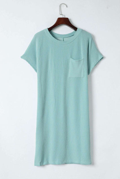 Blue Ribbed Chest Pocket Casual T Shirt Dress - Vesteeto