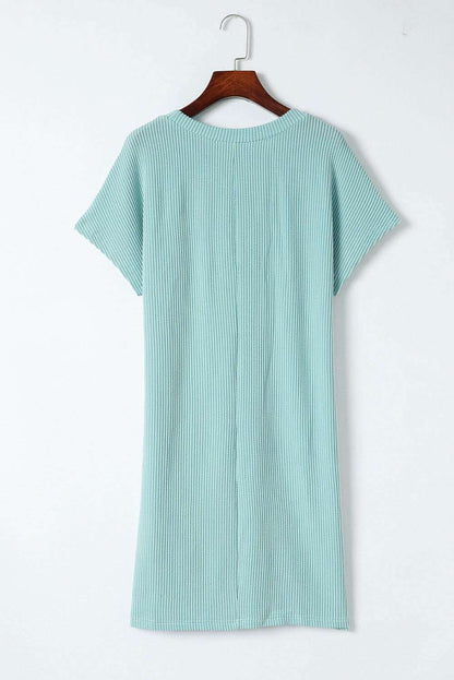 Blue Ribbed Chest Pocket Casual T Shirt Dress - Vesteeto