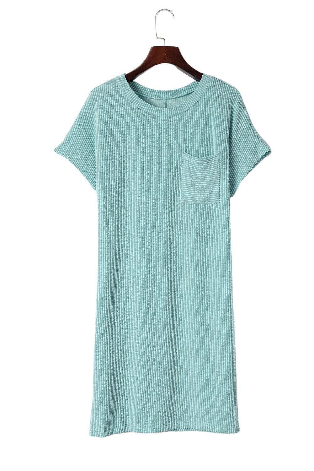 Blue Ribbed Chest Pocket Casual T Shirt Dress - Vesteeto