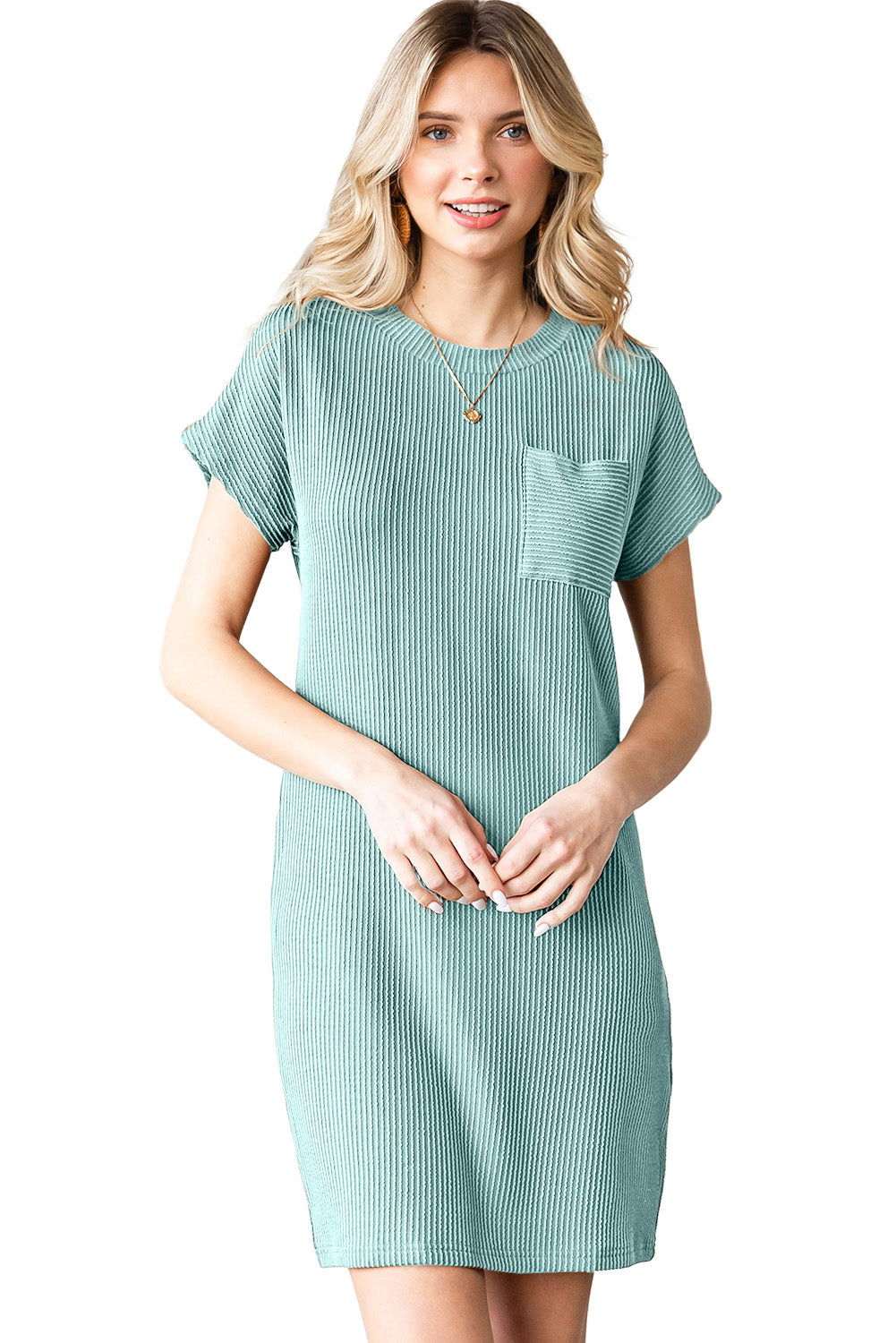 Blue Ribbed Chest Pocket Casual T Shirt Dress - Vesteeto