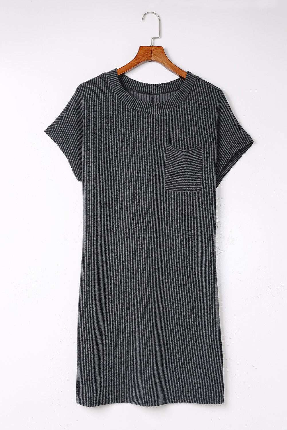 Blue Ribbed Chest Pocket Casual T Shirt Dress - Vesteeto