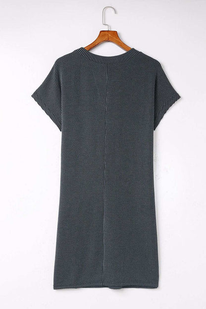 Blue Ribbed Chest Pocket Casual T Shirt Dress - Vesteeto