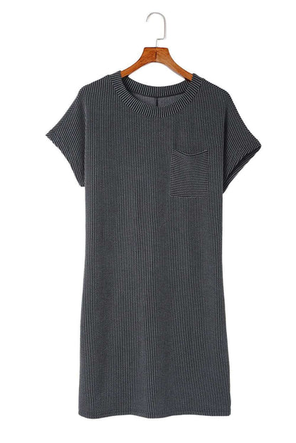 Blue Ribbed Chest Pocket Casual T Shirt Dress - Vesteeto