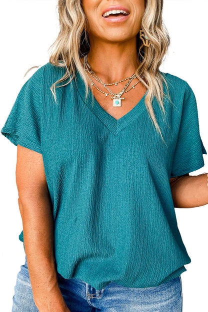 Blue Sapphire Textured V Neck Plus Size Blouse - Vesteeto