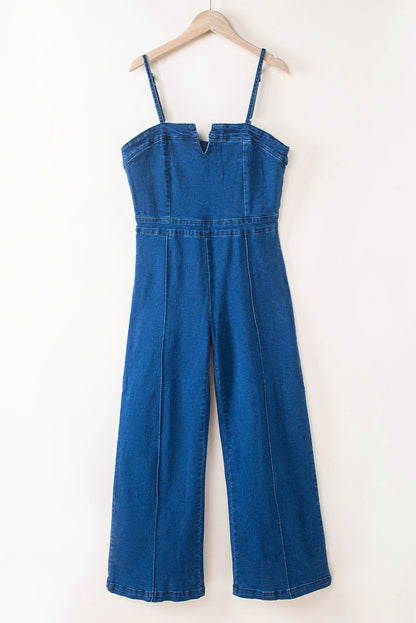 Blue Spaghetti Straps Notch V Denim Jumpsuit - Vesteeto