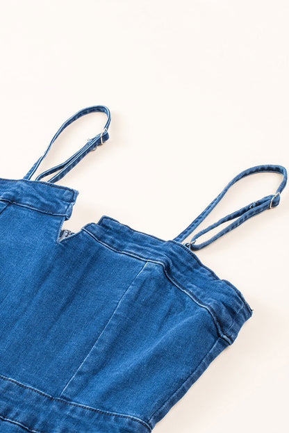 Blue Spaghetti Straps Notch V Denim Jumpsuit - Vesteeto