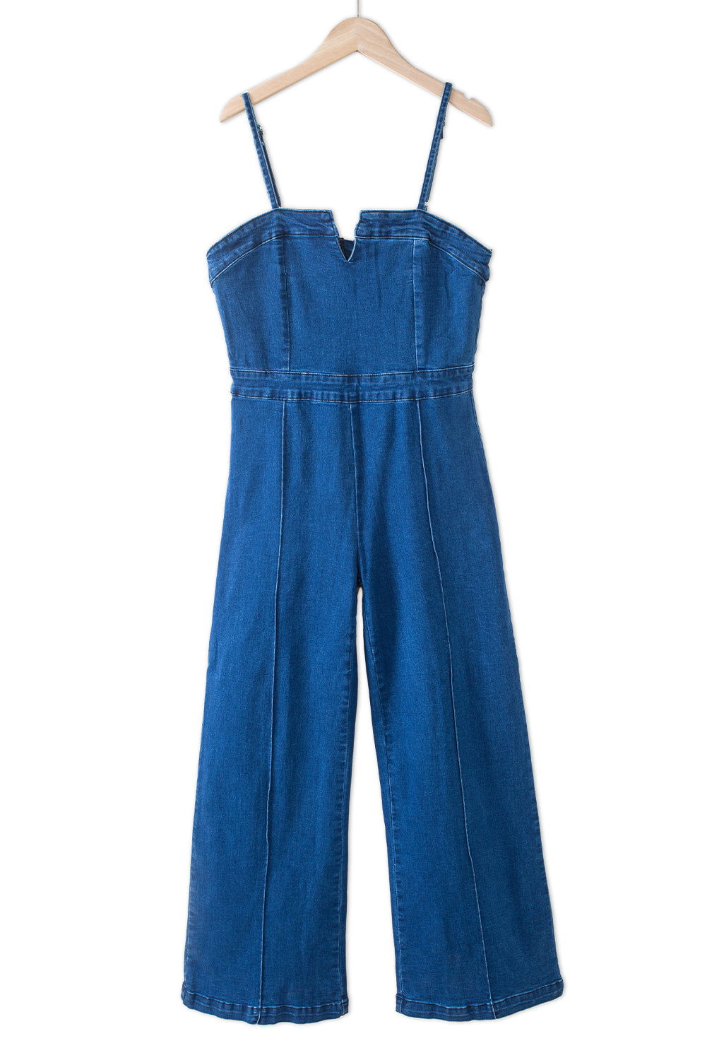 Blue Spaghetti Straps Notch V Denim Jumpsuit - Vesteeto