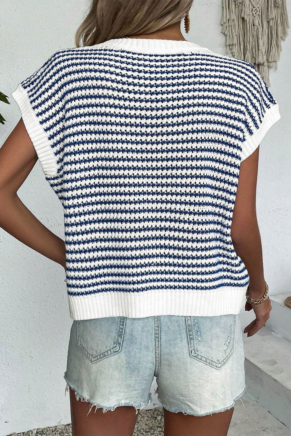 Blue Stripe Contrast Trim Knit Dolman Top - Vesteeto