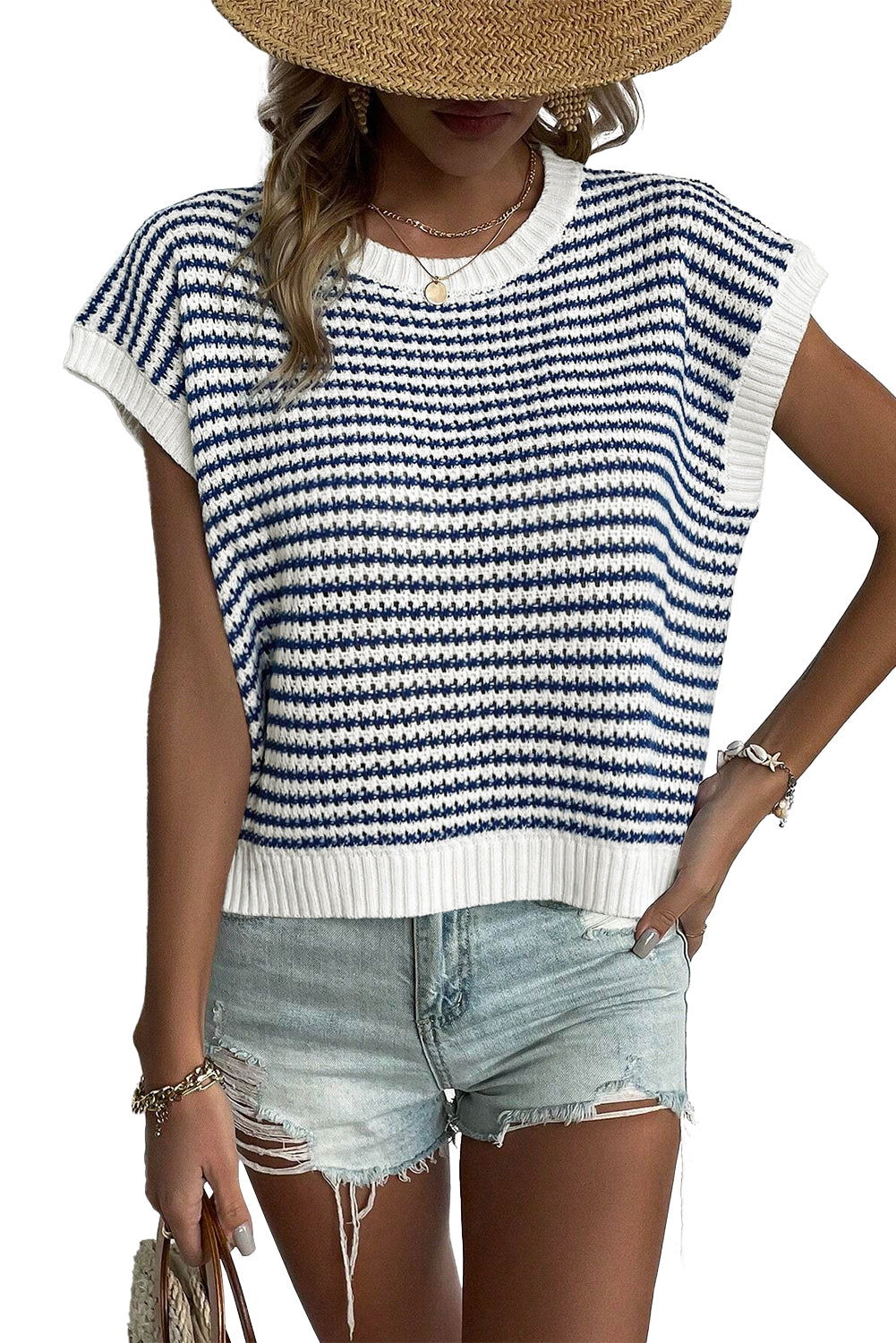 Blue Stripe Contrast Trim Knit Dolman Top - Vesteeto