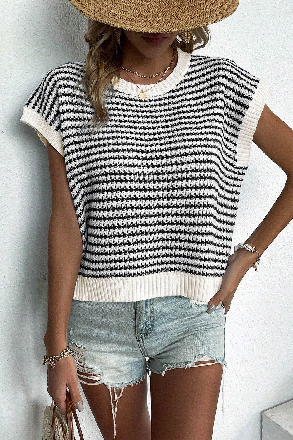 Blue Stripe Contrast Trim Knit Dolman Top - Vesteeto