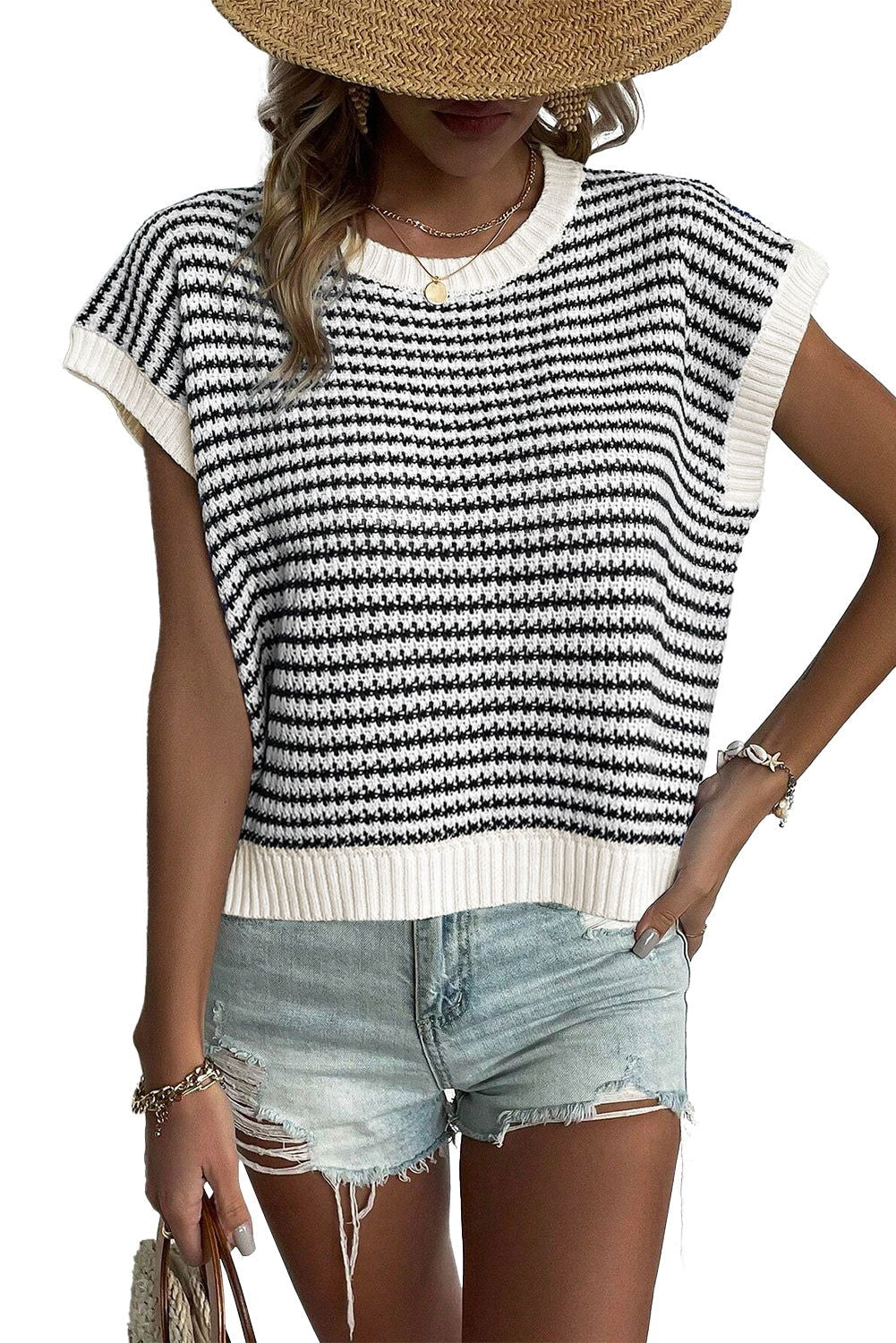 Blue Stripe Contrast Trim Knit Dolman Top - Vesteeto