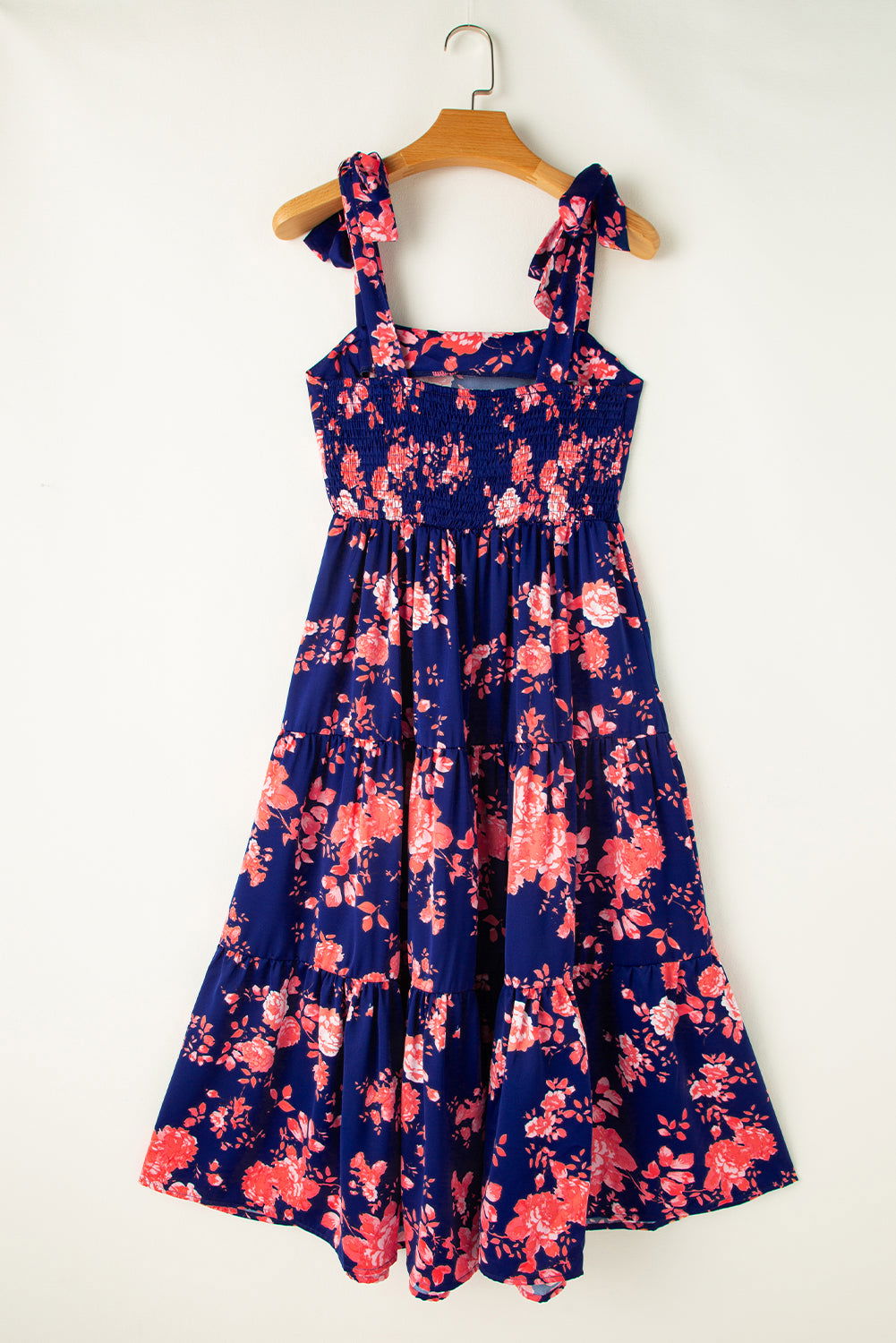 Blue Tie Straps Smocked Tiered Floral Dress - Vesteeto