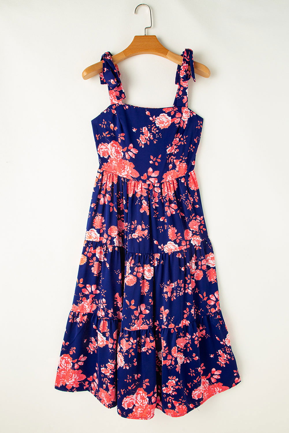 Blue Tie Straps Smocked Tiered Floral Dress - Vesteeto