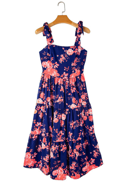 Blue Tie Straps Smocked Tiered Floral Dress - Vesteeto