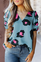 Blue V Neck Ruched Short Sleeve Leopard Print Short Sleeve Blouse - Vesteeto