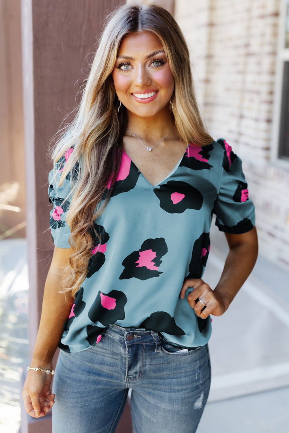 Blue V Neck Ruched Short Sleeve Leopard Print Short Sleeve Blouse - Vesteeto