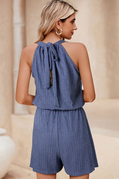 Bluing Knot Back Halter Crinkle Textured Romper - Vesteeto