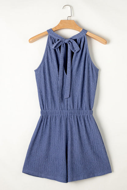 Bluing Knot Back Halter Crinkle Textured Romper - Vesteeto