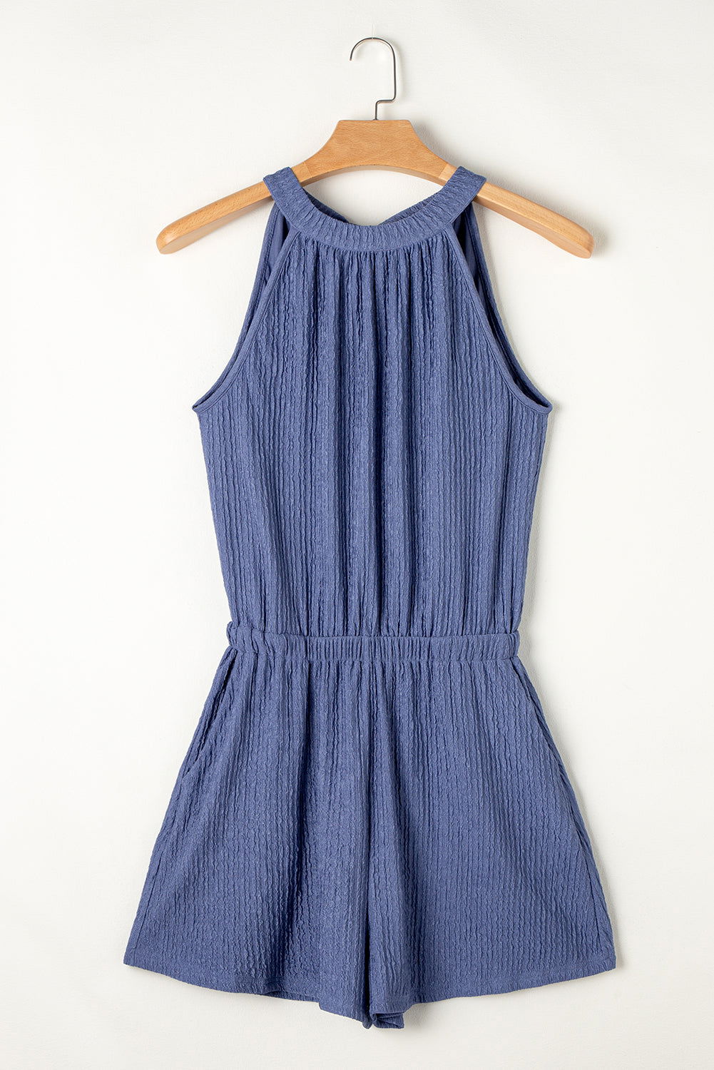 Bluing Knot Back Halter Crinkle Textured Romper - Vesteeto