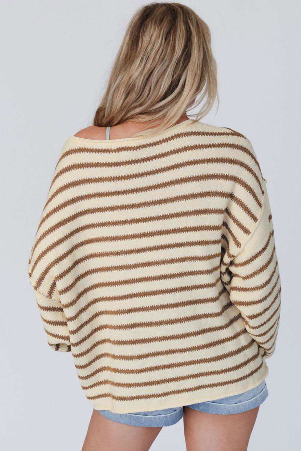 Boat Neck Long Sleeve Striped Sweater - Vesteeto