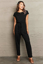 Boat Neck Short Sleeve Jumpsuit with Pockets - Vesteeto