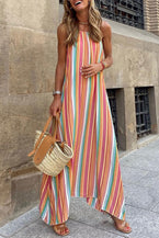 Bohemian Striped Colorblock Spaghetti Strap Sleeveless Maxi Dress - Vesteeto