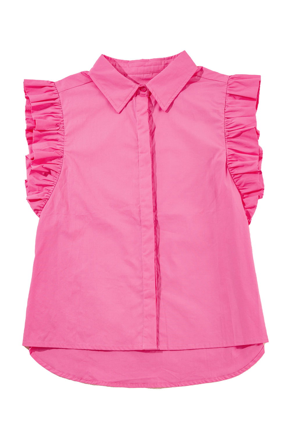 Bonbon Button Up Collared Ruffle Trim Sleeveless Shirt - Vesteeto