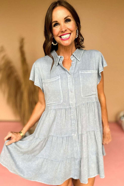 Bonbon Mineral Washed Ruffle Sleeve Tiered Chambray Dress - Vesteeto