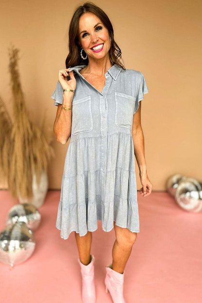 Bonbon Mineral Washed Ruffle Sleeve Tiered Chambray Dress - Vesteeto