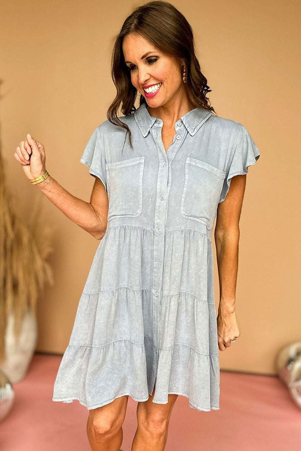 Bonbon Mineral Washed Ruffle Sleeve Tiered Chambray Dress - Vesteeto