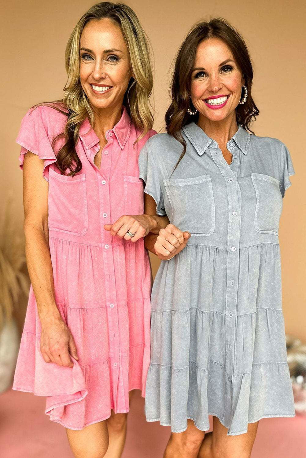 Bonbon Mineral Washed Ruffle Sleeve Tiered Chambray Dress - Vesteeto