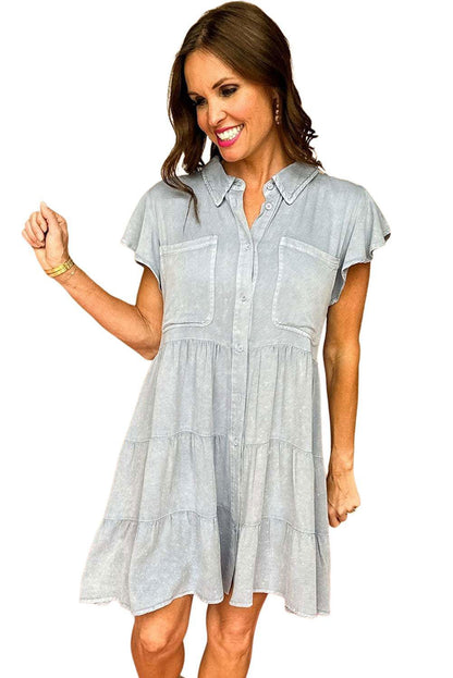 Bonbon Mineral Washed Ruffle Sleeve Tiered Chambray Dress - Vesteeto