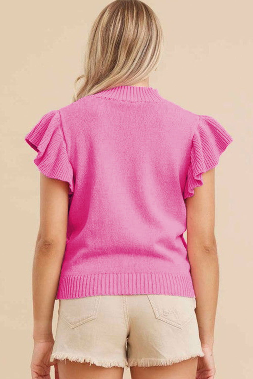 Bonbon Plain Mock Neck Ruffle Short Sleeve Knitted Top - Vesteeto