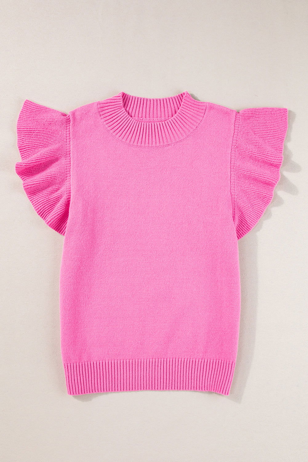 Bonbon Plain Mock Neck Ruffle Short Sleeve Knitted Top - Vesteeto