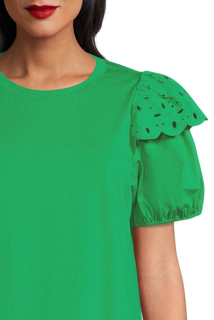 Bright Green Anglaise Embroidered Puff Sleeve Blouse - Vesteeto