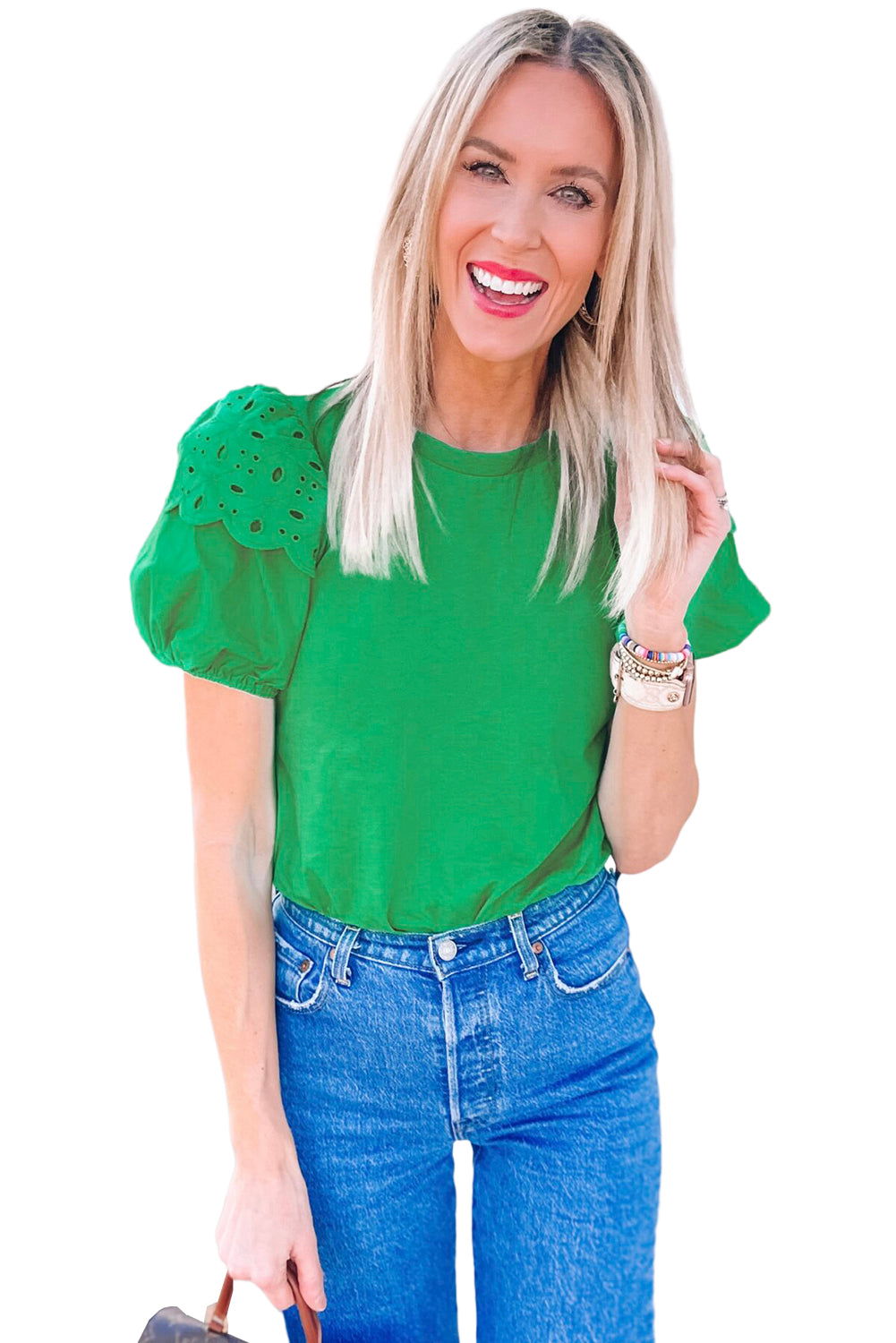 Bright Green Anglaise Embroidered Puff Sleeve Blouse - Vesteeto