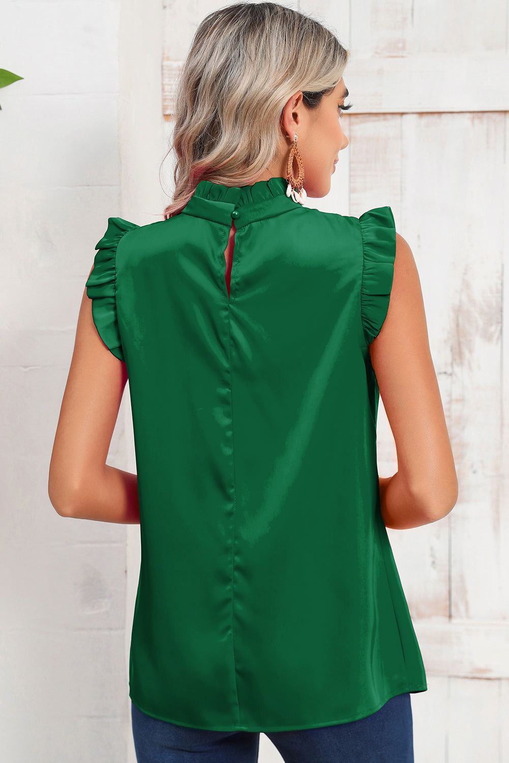 Bright Green Frilled Trim Sleeveless Pleated Blouse - Vesteeto