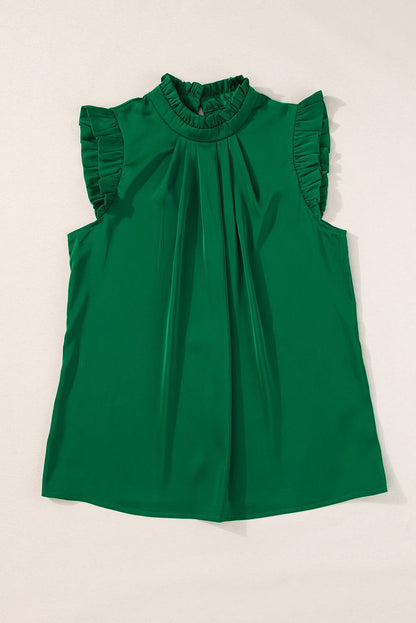 Bright Green Frilled Trim Sleeveless Pleated Blouse - Vesteeto