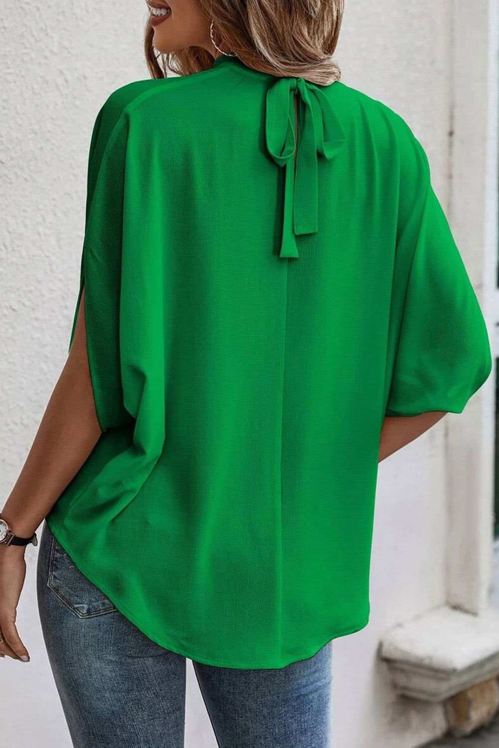 Bright Green Solid Color Batwing Sleeve Knotted Blouse - Vesteeto