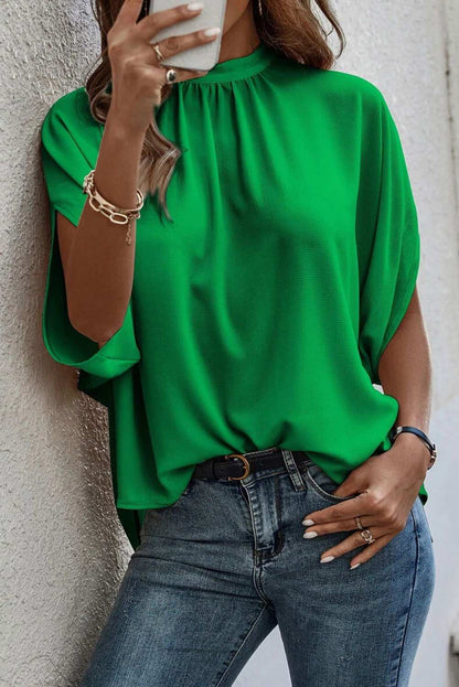 Bright Green Solid Color Batwing Sleeve Knotted Blouse - Vesteeto