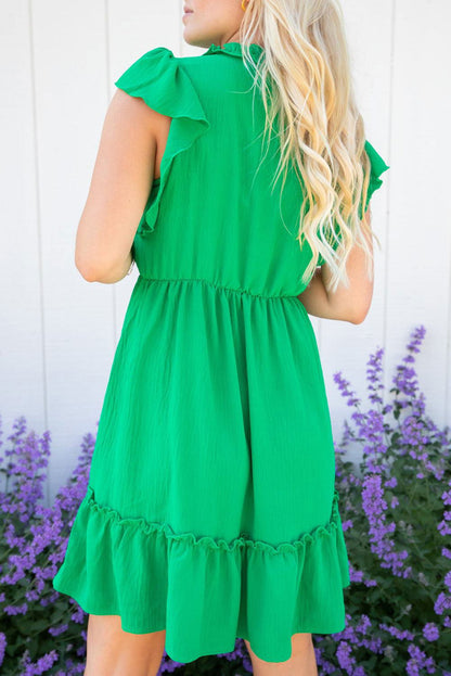 Bright Green Split V Neck Elastic Waist Ruffled Mini Dress - Vesteeto