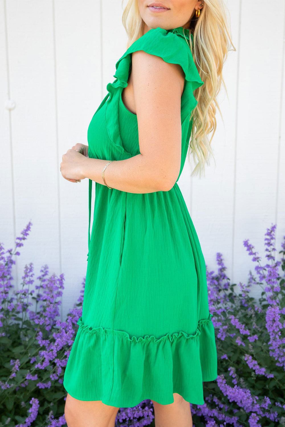 Bright Green Split V Neck Elastic Waist Ruffled Mini Dress - Vesteeto