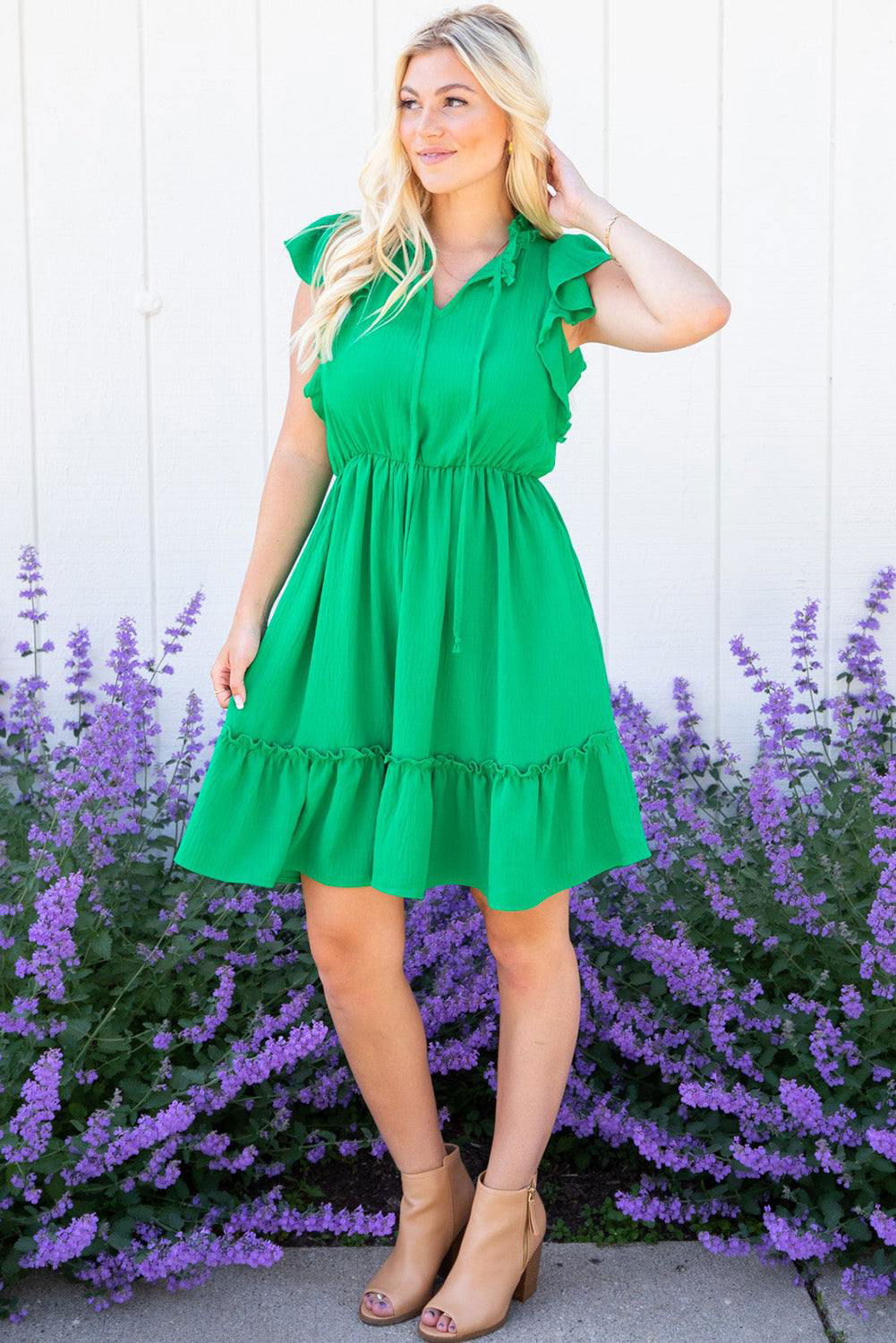 Bright Green Split V Neck Elastic Waist Ruffled Mini Dress - Vesteeto