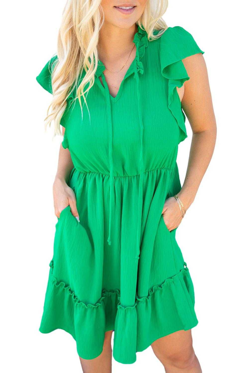 Bright Green Split V Neck Elastic Waist Ruffled Mini Dress - Vesteeto