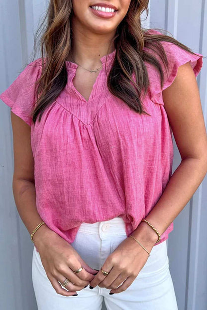 Bright Pink Frill V Neck Splicing Pleated Blouse - Vesteeto