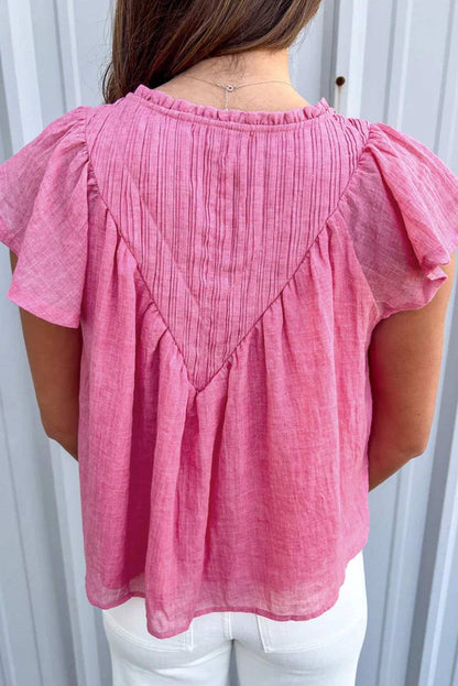 Bright Pink Frill V Neck Splicing Pleated Blouse - Vesteeto