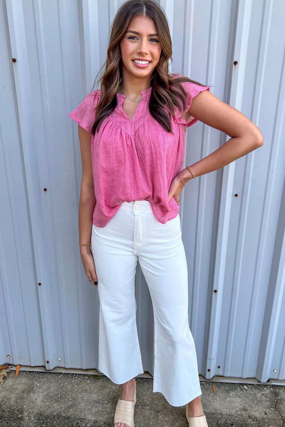 Bright Pink Frill V Neck Splicing Pleated Blouse - Vesteeto